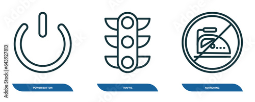set of 3 linear icons from signs concept. outline icons such as power button, traffic, no ironing vector