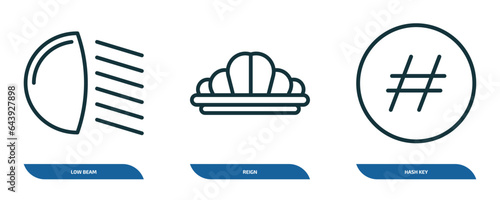 set of 3 linear icons from shapes concept. outline icons such as low beam, reign, hash key vector