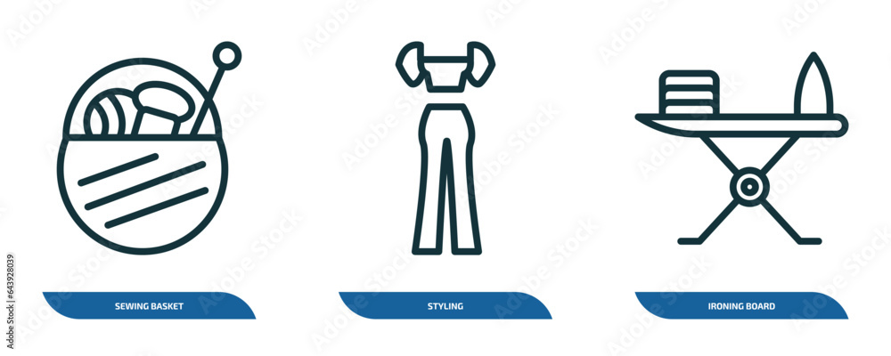 set of 3 linear icons from sew concept. outline icons such as sewing basket, styling, ironing board vector set of 3 linear icons from sew concept. outline icons such as sewing basket, styling, ironing board vector