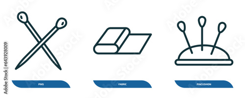 set of 3 linear icons from sew concept. outline icons such as pins, fabric, pincushion vector