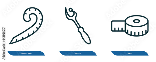 set of 3 linear icons from sew concept. outline icons such as french curve, ripper, tape vector