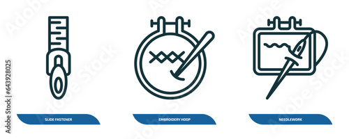 set of 3 linear icons from sew concept. outline icons such as slide fastener, embroidery hoop, needlework vector