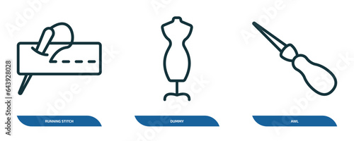 set of 3 linear icons from sew concept. outline icons such as running stitch, dummy, awl vector