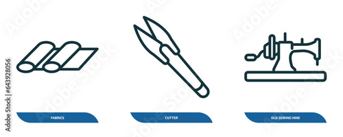 set of 3 linear icons from sew concept. outline icons such as fabrics, cutter, old sewing hine vector