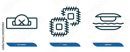 set of 3 linear icons from sew concept. outline icons such as buttonhole, patch, grommet vector