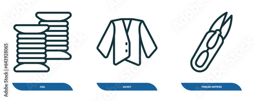 set of 3 linear icons from sew concept. outline icons such as coil, jacket, thread nippers vector