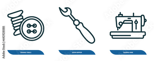 set of 3 linear icons from sew concept. outline icons such as sewing tools, seam ripper, sewing hine vector