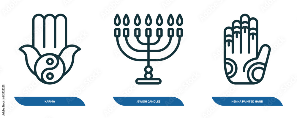 set of 3 linear icons from religion concept. outline icons such as karma, jewish candles, henna painted hand vector set of 3 linear icons from religion concept. outline icons such as karma, jewish candles, henna painted hand vector