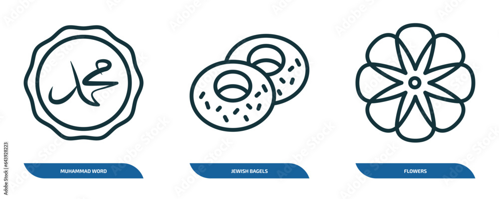 set of 3 linear icons from religion concept. outline icons such as muhammad word, jewish bagels, flowers vector set of 3 linear icons from religion concept. outline icons such as muhammad word, jewish bagels, flowers vector