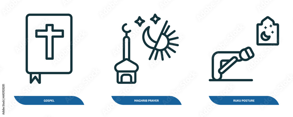 set of 3 linear icons from religion collection. concept. outline icons such as gospel, maghrib prayer, ruku posture vector set of 3 linear icons from religion collection. concept. outline icons such as gospel, maghrib prayer, ruku posture vector