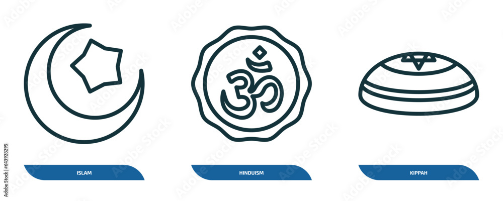 set of 3 linear icons from religion concept. outline icons such as islam, hinduism, kippah vector set of 3 linear icons from religion concept. outline icons such as islam, hinduism, kippah vector
