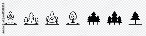 forest Icon, Tree icon. Tree vector set. Linear icon collection. Pine tree vector icons set, Vintage trees and forest silhouettes set in monochrome style isolated vector illustration