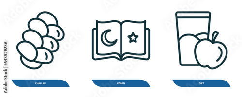 set of 3 linear icons from religion concept. outline icons such as challah, koran, diet vector
