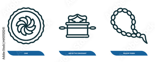 set of 3 linear icons from religion concept. outline icons such as cake, ark of the convenant, muslim tasbih vector