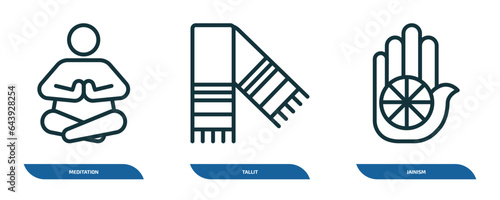 set of 3 linear icons from religion concept. outline icons such as meditation, tallit, jainism vector