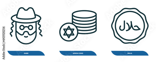 set of 3 linear icons from religion concept. outline icons such as rabbi, jewish coins, halal vector