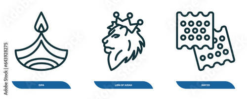 set of 3 linear icons from religion concept. outline icons such as dipa, lion of judah, matzo vector