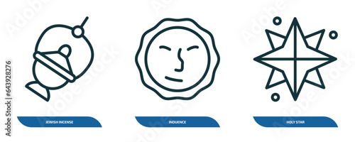 set of 3 linear icons from religion concept. outline icons such as jewish incense, induence, holy star vector