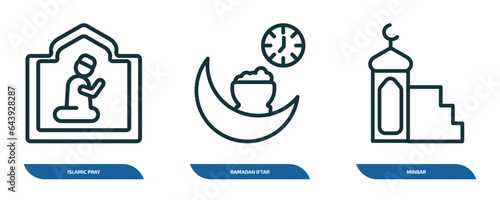 set of 3 linear icons from religion concept. outline icons such as islamic pray, ramadan iftar, minbar vector
