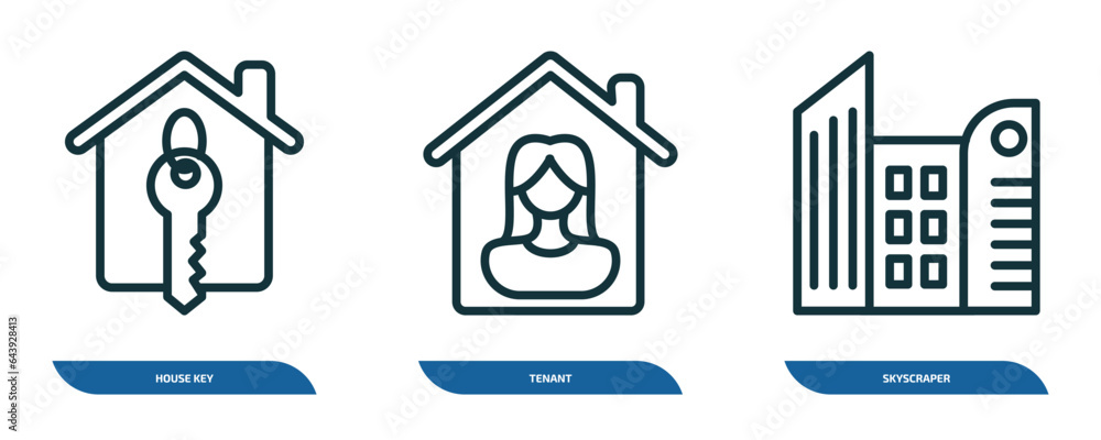 set of 3 linear icons from real estate concept. outline icons such as house key, tenant, skyscraper vector set of 3 linear icons from real estate concept. outline icons such as house key, tenant, skyscraper vector