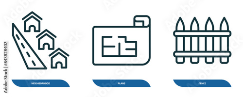 set of 3 linear icons from real estate concept. outline icons such as neighborhood, plans, fence vector