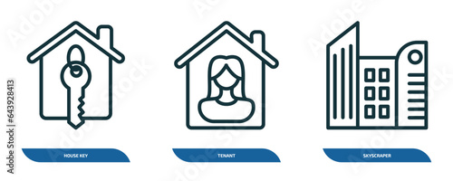 set of 3 linear icons from real estate concept. outline icons such as house key, tenant, skyscraper vector