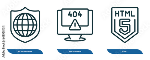 set of 3 linear icons from programming concept. outline icons such as secured network, program error, html5 vector