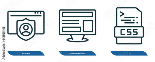 set of 3 linear icons from programming concept. outline icons such as authorize, program interface, css vector