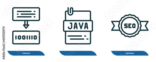 set of 3 linear icons from programming concept. outline icons such as compiler, , seo badge vector