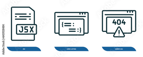set of 3 linear icons from programming concept. outline icons such as jsx, code listing, error 404 vector