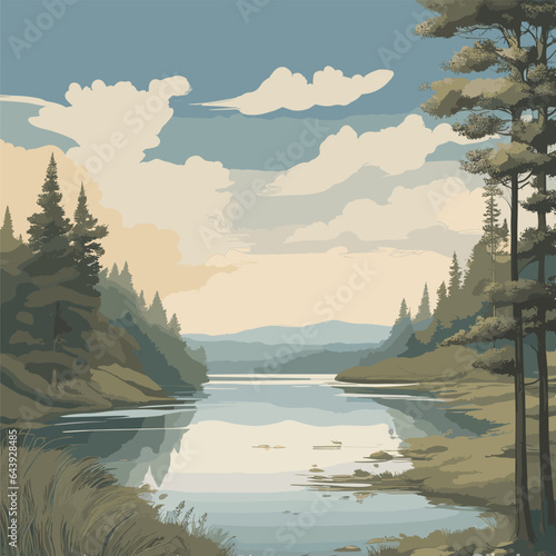 Create a detailed vector scene that immerses viewers in the serenity of a natural landscape. Through careful rendering, depict a calm lake, gentle rolling hills, a serene forest, and a clear sky with