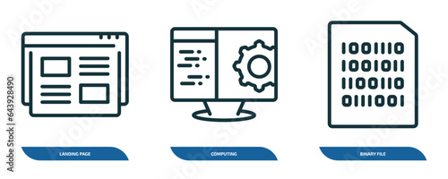set of 3 linear icons from programming concept. outline icons such as landing page, computing, binary file vector