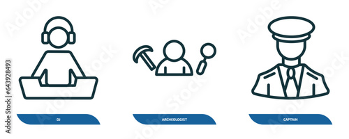 set of 3 linear icons from professions concept. outline icons such as dj, archeologist, captain vector