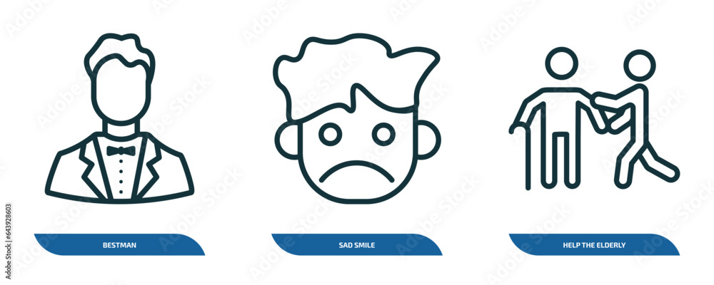 set of 3 linear icons from people concept. outline icons such as bestman, sad smile, help the elderly vector set of 3 linear icons from people concept. outline icons such as bestman, sad smile, help the elderly vector