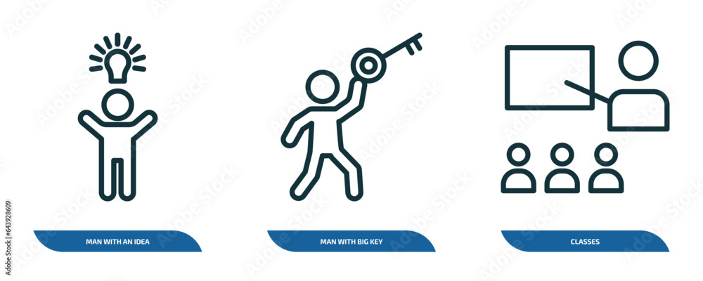 set of 3 linear icons from people concept. outline icons such as man with an idea, man with big key, classes vector set of 3 linear icons from people concept. outline icons such as man with an idea, man with big key, classes vector