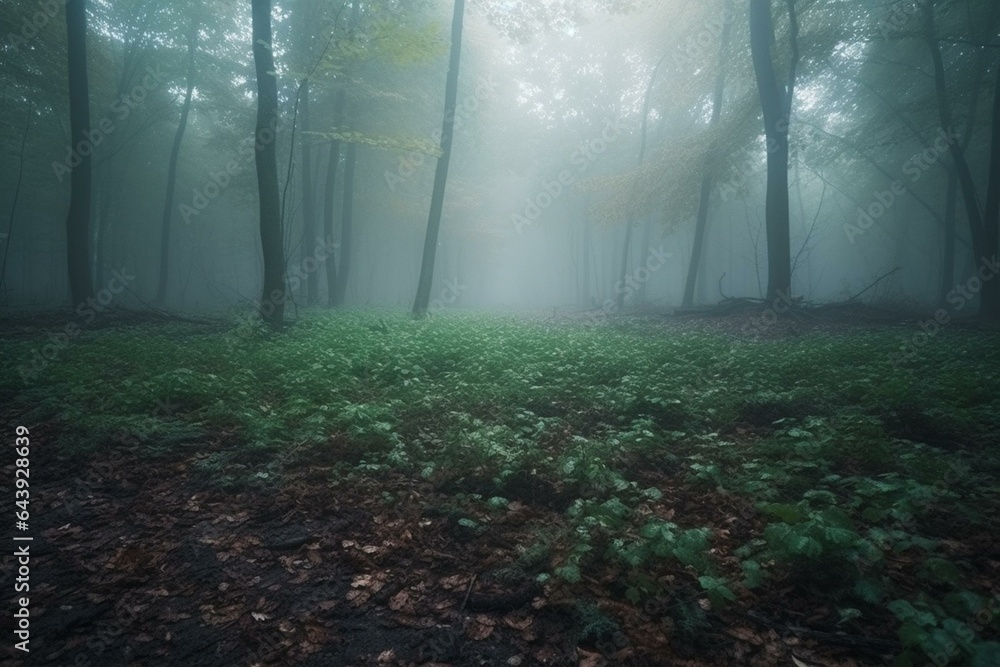 Foggy forest ground to use as a natural wallpaper. Generative AI