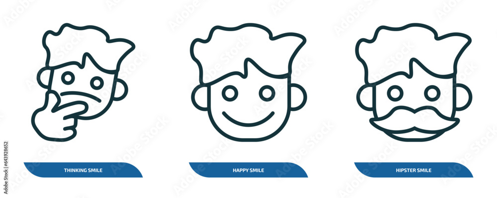 set of 3 linear icons from people concept. outline icons such as thinking smile, happy smile, hipster smile vector set of 3 linear icons from people concept. outline icons such as thinking smile, happy smile, hipster smile vector
