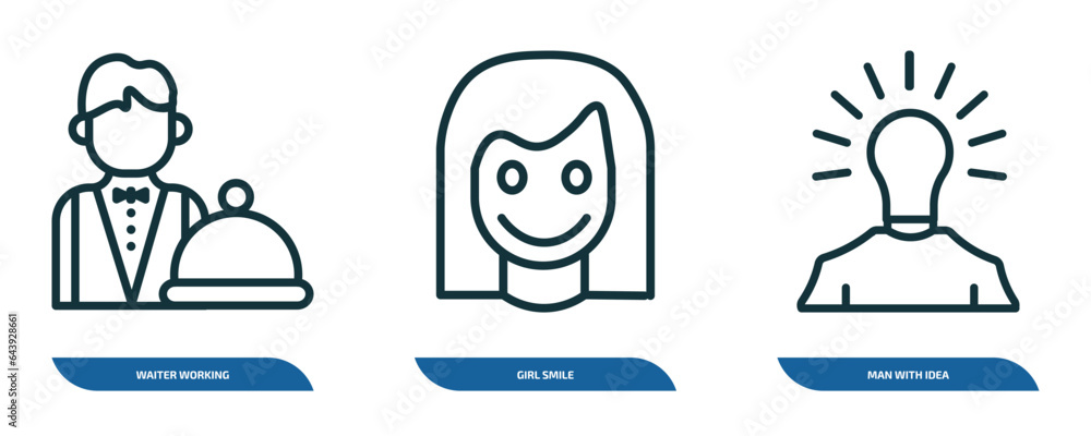 set of 3 linear icons from people concept. outline icons such as waiter working, girl smile, man with idea vector set of 3 linear icons from people concept. outline icons such as waiter working, girl smile, man with idea vector