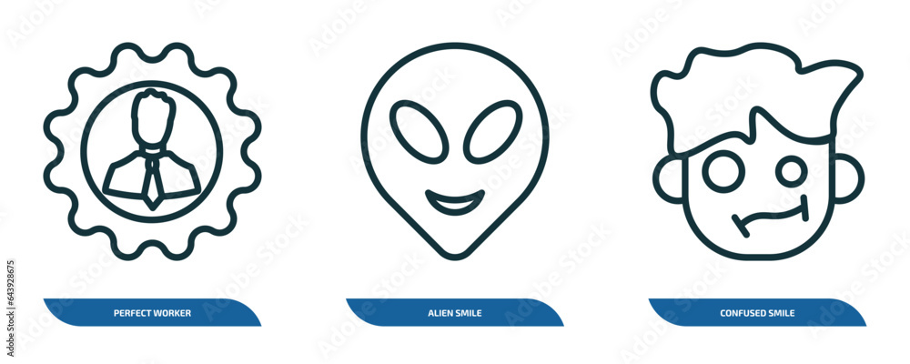 set of 3 linear icons from people concept. outline icons such as perfect worker, alien smile, confused smile vector set of 3 linear icons from people concept. outline icons such as perfect worker, alien smile, confused smile vector