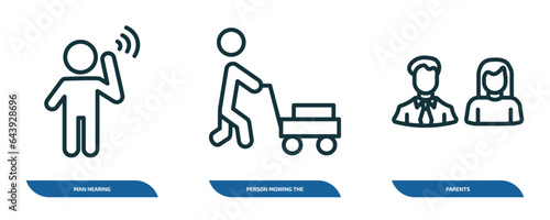 set of 3 linear icons from people concept. outline icons such as man hearing, person mowing the grass, parents vector