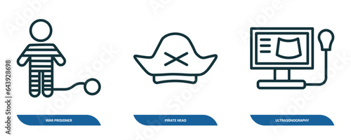 set of 3 linear icons from people concept. outline icons such as war prisioner, pirate head, ultrasonography vector