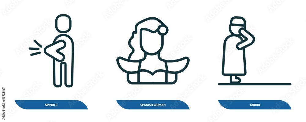 set of 3 linear icons from people concept. outline icons such as spindle, spanish woman, takbir vector set of 3 linear icons from people concept. outline icons such as spindle, spanish woman, takbir vector
