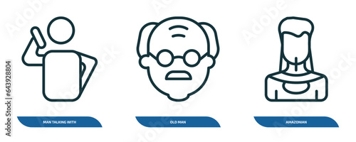 set of 3 linear icons from people concept. outline icons such as man talking with phone, old man, amazonian vector
