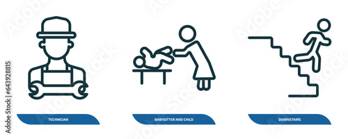 set of 3 linear icons from people concept. outline icons such as technician, babysitter and child, downstairs vector