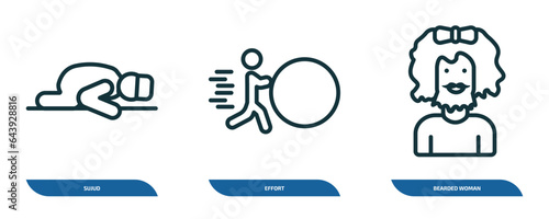 set of 3 linear icons from people concept. outline icons such as sujud, effort, bearded woman vector