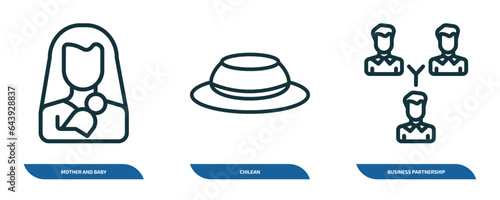 set of 3 linear icons from people concept. outline icons such as mother and baby, chilean, business partnership vector