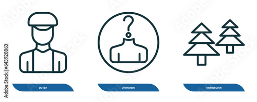 set of 3 linear icons from people concept. outline icons such as dutch, unknown, norwegian vector
