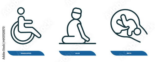 set of 3 linear icons from people concept. outline icons such as handicapped, julus, birth vector