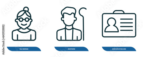 set of 3 linear icons from people concept. outline icons such as old woman, shepherd, identification ard vector
