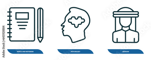 set of 3 linear icons from people concept. outline icons such as pencil and notebook, psychology, bedouin vector